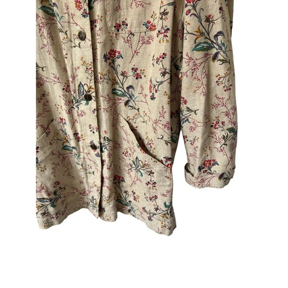 Vintage LizWear Sz L 90s Persian Floral Natural Linen Cotton Chore Jacket Coat - Picture 3 of 12